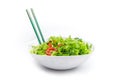 White plate of salad with vegetables isolated on white background. Wooden chopsticks for food Royalty Free Stock Photo
