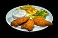 A white plate setup of delicious, crispy golden-brown fried Fish Fries Royalty Free Stock Photo