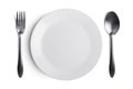 White plate with silver fork and spoon with clipping path Royalty Free Stock Photo