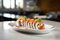 white plate with a single sushi roll sliced and standing upright Royalty Free Stock Photo