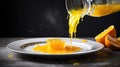 White plate with spilled glass of orange juice, citrus splash on the table, vibrant kitchen scene