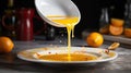 White plate with spilled glass of orange juice, citrus splash on the table, vibrant kitchen scene