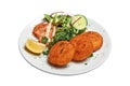 White plate with three Cheese croquettes ans salad Isolated Royalty Free Stock Photo