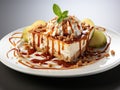 A white plate topped with a dessert covered in caramel, caramel apple cheescake