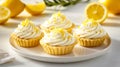 A white plate topped with mini lemon cupcakes covered in whipped cream Royalty Free Stock Photo
