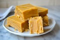 A white plate topped with pieces of fudge on top of a table Royalty Free Stock Photo