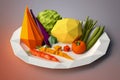 White plate with vegetables made of paper in origami technique. Generative AI