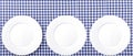 White Plates on Blue and White checkered Fabric Tablecloth Background