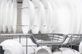 White plates and cups in the dishwasher compartment, close-up, top view Royalty Free Stock Photo