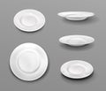 White plates, realistic 3d ceramic dishes top and side view collection. Empty bowls for food, tableware cutlery Royalty Free Stock Photo