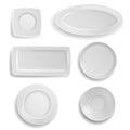 White plates set. Clean realistic ceramic porcelain tableware different forms top view collection, kitchen round and