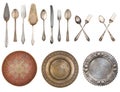 White plates and vintage spoons and fork on color wooden background Royalty Free Stock Photo