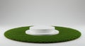 White Platform on Green Grass A clean white platform sits on a patch of artificial green grass against a light gray background Royalty Free Stock Photo