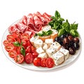 Appetizer Platter with Cured Meat, Tomatoes, Cheese, and Olives Royalty Free Stock Photo