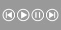 White Play, pause, rewind, next music player icon.