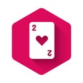 White Playing card with heart symbol icon isolated with long shadow background. Casino gambling. Pink hexagon button