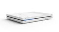 White PlayStation 4 console with blue light on front panel and power button electronic device for gaming home ent Royalty Free Stock Photo