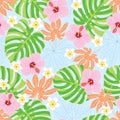 White plumeria, hibiscus flowers and tropical leaves pattern on light blue background Royalty Free Stock Photo