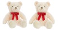 White plush fluffy Teddy bear on Valentine`s day holiday sits with red satin ribbon on neck isolated