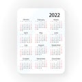 White pocket vector calendar 2022 year. Minimal business simple clean design. Classic grid, week starts from monday