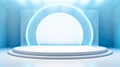 A white podium in a blue room, surrounded by shelves and lit by a spotlight. For art texture, presentation design or web design Royalty Free Stock Photo