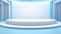 A white podium in a blue room, surrounded by shelves and lit by a spotlight. For art texture, presentation design or web design Royalty Free Stock Photo