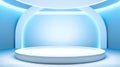A white podium in a blue room, surrounded by shelves and lit by a spotlight. For art texture, presentation design or web design Royalty Free Stock Photo