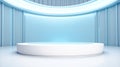 A white podium in a blue room, surrounded by shelves and lit by a spotlight. For art texture, presentation design or web design Royalty Free Stock Photo