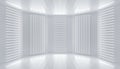 White podium decoration empty stage. Neon led lights lines room abstract background. Glowing wall panels interior. 3d illustration Royalty Free Stock Photo