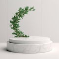 White podium display for product advertising. cosmetic product stand with green leafes decoration. abstract minimal advertise.