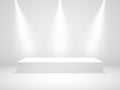 White podium mockup. Studio room with light. Award stage with spotlight. Clean pedestal blank. 3d platform for ceremony