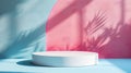 White podium with multicolored backdrop and shadows
