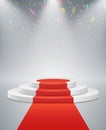 White podium and red road on a light background. The winner is in first place. Bright white light from searchlights. Flying confet