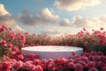 White podium on red roses garden, under summer evening sky