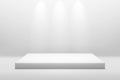 White podium stand for showing or presentation concept on modern room background with illuminate light. Empty counter shelf and Royalty Free Stock Photo