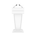 White podium tribune with microphones. Wooden stage isolated on white background. Empty rostrum speech for orator. Pedestal for Royalty Free Stock Photo