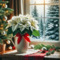 White poinsettia in vase with red bow and christmas decorations on windowsill. Christmas interior, generative ai Royalty Free Stock Photo