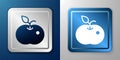 White Poison apple icon isolated on blue and grey background. Poisoned witch apple. Silver and blue square button