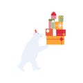 A white polar bear carries boxes with Christmas gifts. Cute childrens new year