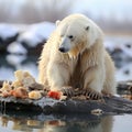 White polar bear among snow and ice. A family of northern bears, they are also called oshkuy, nanuk or umka Royalty Free Stock Photo