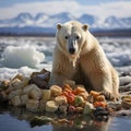 White polar bear among snow and ice. A family of northern bears, they are also called oshkuy, nanuk or umka Royalty Free Stock Photo