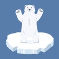 White polar bear stands on paws on ice floe. Vector flat cartoon illustration. Royalty Free Stock Photo