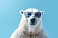 White polar bear in sunglasses against a stylish blue backdrop