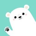 White polar bear waving hand paw print. Cute cartoon funny kawaii baby character. Merry Christmas Greeting Card. Flat design. Blue Royalty Free Stock Photo