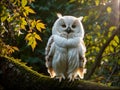 A white polar owl in the forest on a branch. Royalty Free Stock Photo
