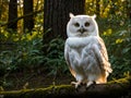 A white polar owl in the forest on a branch. Royalty Free Stock Photo