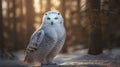 White polar owl with graymottled plumage sits on branch with snow. Glitter critter snow owl close up.