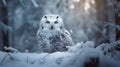White polar owl with graymottled plumage sits on branch with snow. Glitter critter snow owl close up.