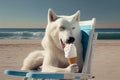 A white polar wolf eats ice cream on the beach. Generate Ai.