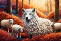 White polar wolf among a flock of white lambs in a bright colorful autumn forest Royalty Free Stock Photo